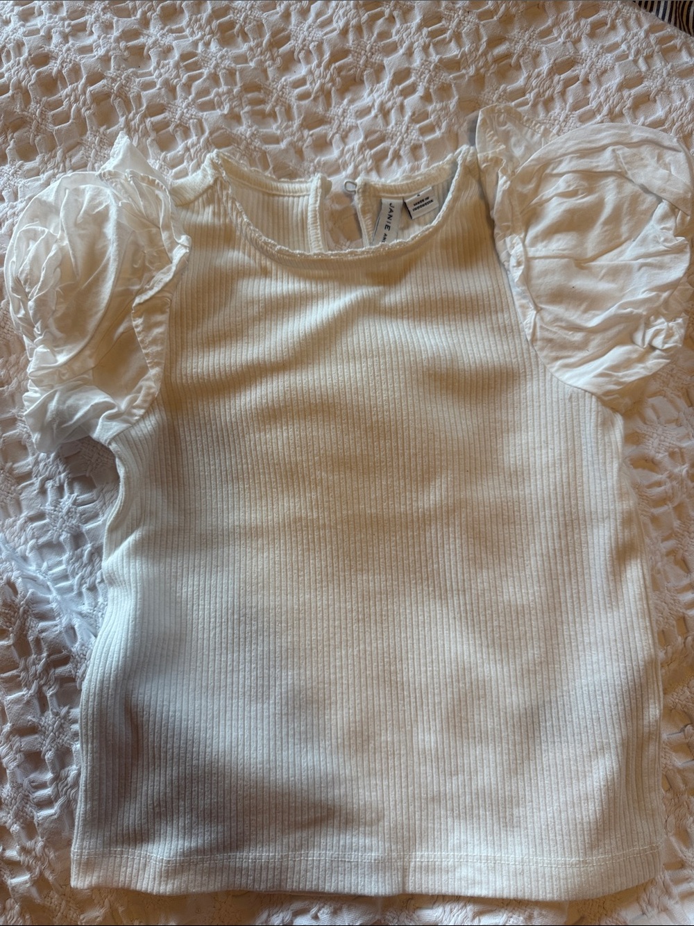 Janie and Jack Girls Cream Ribbed Top with Puff Sleeves
